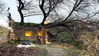 Building a Secret Shelter Under a Huge Fallen Tree for Survival | Warm and cozy dugout, Bushcraft