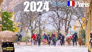 [4K] HDR Paris  France 2024 Novembre 21 Today Snow ️️️ Fall Eiffel Tower walk Tour 1 °C 