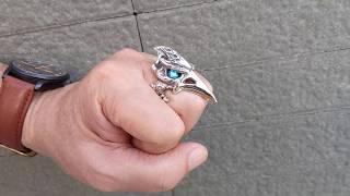 Blue Topaz Eyes Dinosaur Hornbill Head Biker Ring