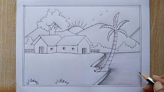 Pencil drawing| Easy Landscape scenery drawing| Village scenery drawing| Scenery with house, Birds