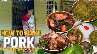 how to make pork with banana flower and jute leaves। গাহৰি মাংস সোৱাদৰ লগতে মিঠামৰা দাইল ।