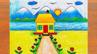 Village House Scenery Drawing Easy || How to Draw Beautiful Landscape Scenery Easy step by step