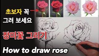 쉽게 장미꽃 그리는 방법 / 꽃 잘그리기/How to draw rose / 초보자를 위한 장미꽃 쉽게 그리는방법 /장미꽃 그리기