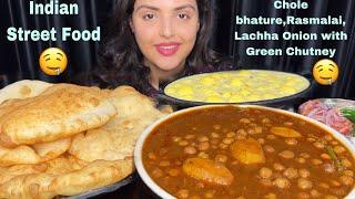 Eating Chole Bhature with Rasmalai, Lachha Onion with Green Chutney| Mukbang Eating Show *ASMR*