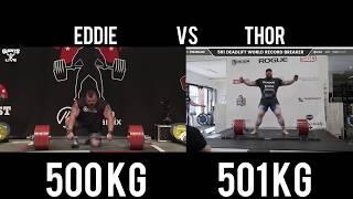 Eddie Hall vs Hafthor Bjornsson Deadlift  420/465/500-501 Side by side comparison