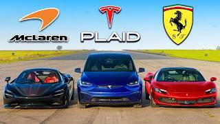 Tesla Model X PLAID v Ferrari 296 v McLaren 750S: DRAG RACE