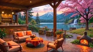 Relaxing Morning Cabin Retreat by the Lake  Smooth Jazz, Warm Fireplace and Cherry Blossoms Falling