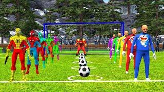 Spider-Man Challenge to play soccer with Cow vs elephant vs gorilla vs lion vs horse | 5 superhero