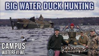 Diver Duck Hunting on BIG WATER with MASSIVE DUCK BOAT and LAYOUT BOAT!!