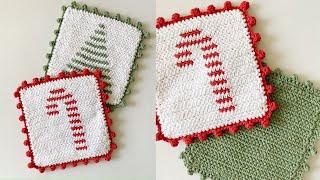 Crochet Candy Cane Stripe Hot Pad with Dot Border