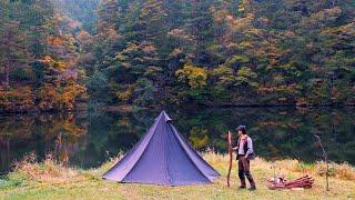 SOLO Camping by Beautiful Lake with Autumn Red Leaves