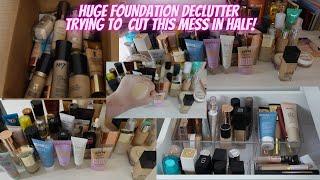 HUGE MAKEUP DECLUTTER trying to cut foundations in half | Swatching & organizing!