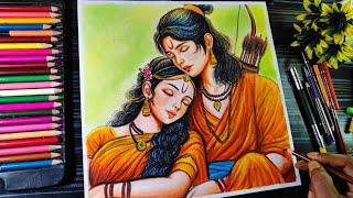 Ram Sita Drawing With Colour Pencil , How To Draw Lord Rama and Sita, Lord Shree Ram Drawing