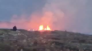 Dangerous fissures (ancient tectonic faults) close the eruption site. Volcano seen erupting across!