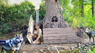 Little Girls Building a secret shelter in a wolf's den/ Wolves surround the hut