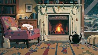 Relaxing Anime Piano Music & Crackling Fireplace ~ Cozy Night Ambience