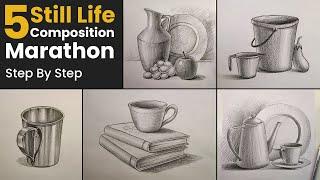 5 Still Life Drawing Step Step with Pencil Shading | Object Drawing Easy |  Elementary Drawing