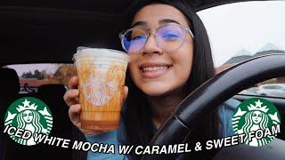 TRYING STARBUCKS ICED WHITE MOCHA W/ CARAMEL DRIZZLE & SWEET COLD FOAM | TIK TOK DRINK TASTE TEST