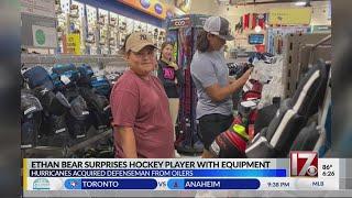 Canes' Ethan Bear surprises young hockey player with new equipment