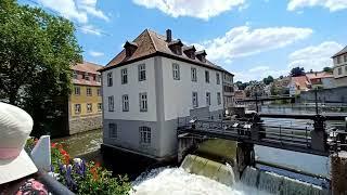 The Regnitz River, a beautiful river, flows through the city of Bamberg / Germany