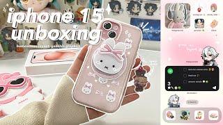  iphone 15 aesthetic unboxing (pink) - phone transformation + accessories, setup, genshin