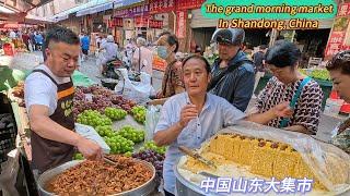 Shandong, China, breakfast market, exotic street food/4k