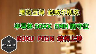 美股 鹰鸽互搏，鲍威尔助攻！半导体SOXX、SMH防守位！ROKU、PTON结构上移！