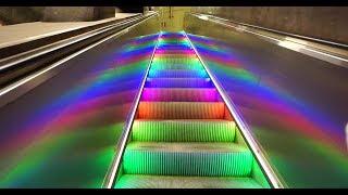 Sweden, Stockholm Central subway station, rainbow escalator, walkalator and elevator ride