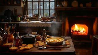 Rustic Farmhouse Kitchen Ambience ️ | Falling Snow, Crackling Fire & Cooking Bliss