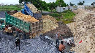 10 Wheel Dump Trucks Dumping Land With Bulldozer KOMATSU D31p Push Clearing