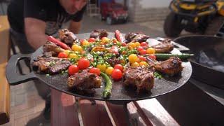 GRILLED MEAT with VEGGIES on a FRYING PAN