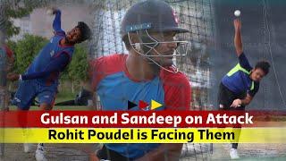 Rohit Paudel batting against Gulshan Jha and Sandeep Lamichhane bowling