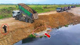 OMG!!Excellent Skill Dumping Soil Into Deep Water By Dump Trucks And Dozer D53p Process