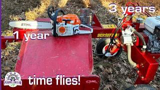 1 year with my professional Stihl chainsaw and 3 years with our Canadian Split-Fire