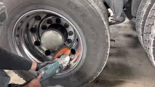 The secret to polishing a 22.5” Alcoa semi drive rim mounted on the truck.