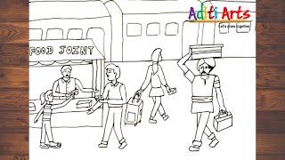 Railway Station Memory Drawing | Train station Drawing | Railway Station Drawing