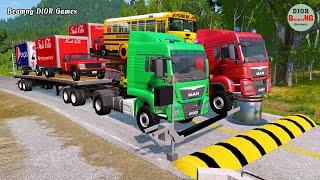 Double Flatbed Trailer Truck cars vs rails tractor vs train cars vs bollards Beamng Drive 343