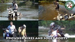 Drowned bikes, wet boots.  Suzuki DR650, BMW F800GS & HP2 on the trail.