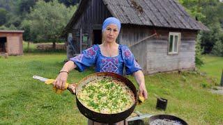 A Woman Living in the Mountains Cooks Gigantic PIZZA on a Campfire for her alone!!