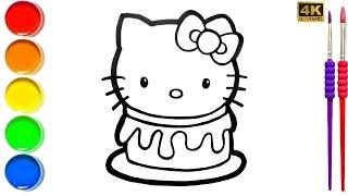 Cute Hello Kitty Cake Drawing, Coloring for kids | Easy step by step Kitty Cat drawing