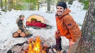 Winter Survival Camping in a Snow Cave With my  Son