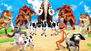 10 Giant Tiger vs 10 Giant Buffalo vs 10 Cow Cartoon Fight Mini Cow Buffalo Saved By Giant Elephant