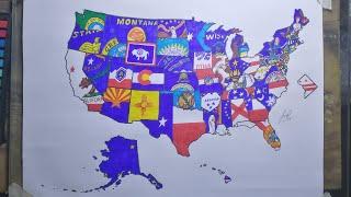 Drawing flag map of US States | American States flag map drawing