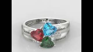 Personalized Three Heart Birthstone Engraved Mother's Ring Sterling Silver