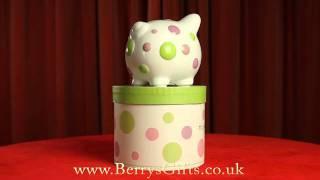 Embossed Ceramic Piggy Bank with Gift Box, White with Spots