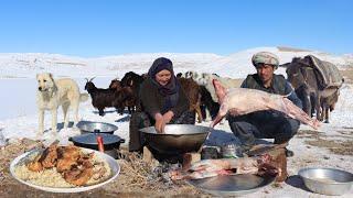 Surviving in the Highest Mountains of Afghanistan -63°C | Shepherd Mother Cooking Goat Curry Recipe