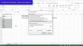 Excel - Conditional Formatting find duplicates on two worksheets by Chris Menard