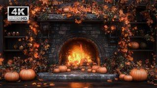 Cozy Autumn Fireplace Ambience with Pumpkins, Fall Halloween Fireplace TV art (4K with sound)