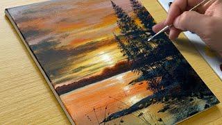 How to Draw a Sunset Lake / Acrylic Painting for Beginners