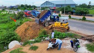 Build new road connect 100% across grass water to house process by power bulldozer with dump trucks